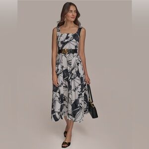Donna karan Women’s Printed Cotton A-Line Dress. Size 12. Black Pristine. NWT